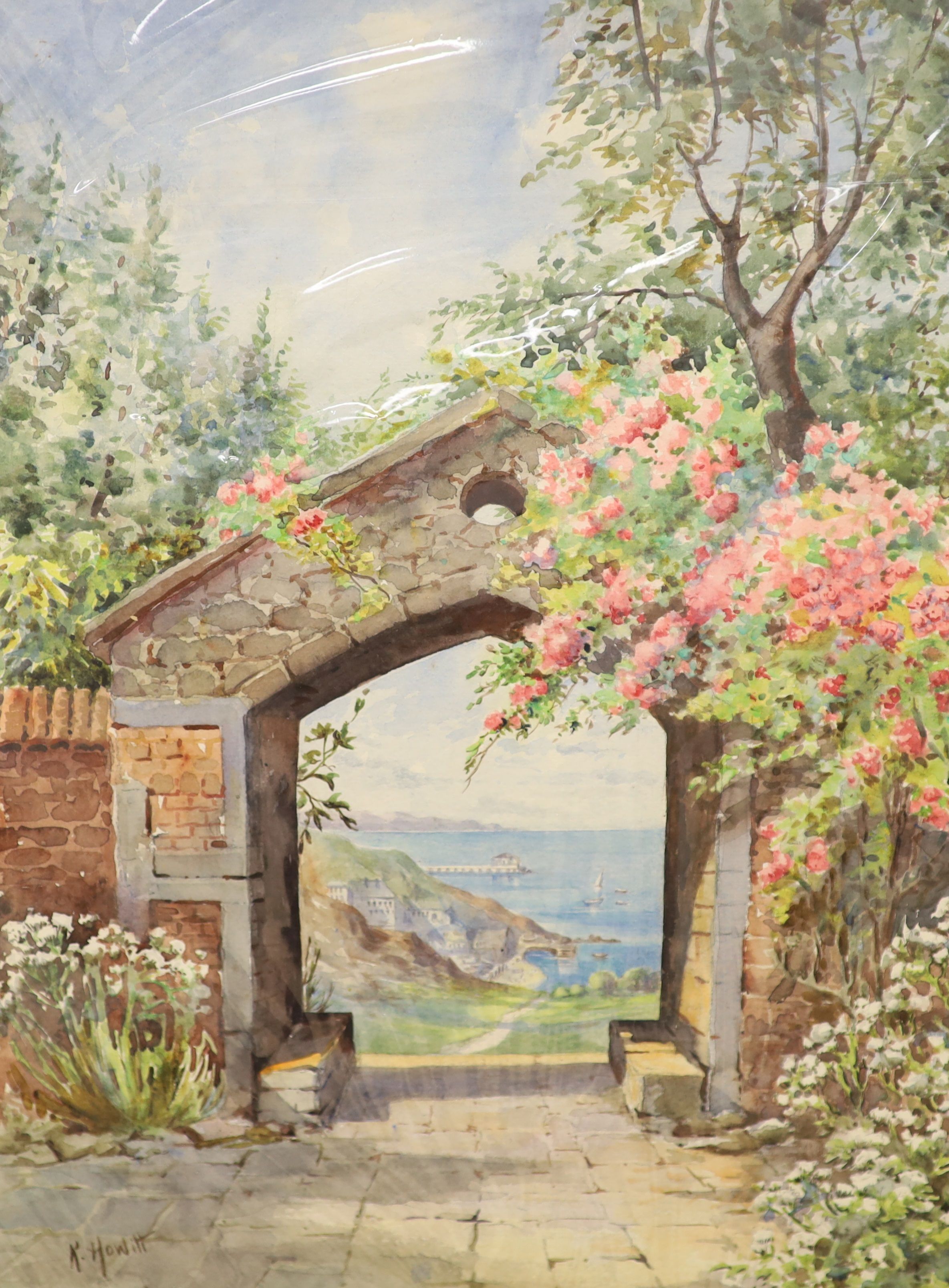 Kathleen Howitt (20th century), 'A Garden of Memories' and 'Old Monastery Gate' and another watercolour 45 x 34cm & smaller